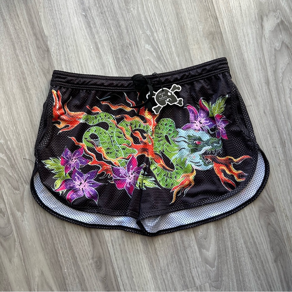 Skull & Bones | Hand Painted Mesh Shorts in Black (Medium)